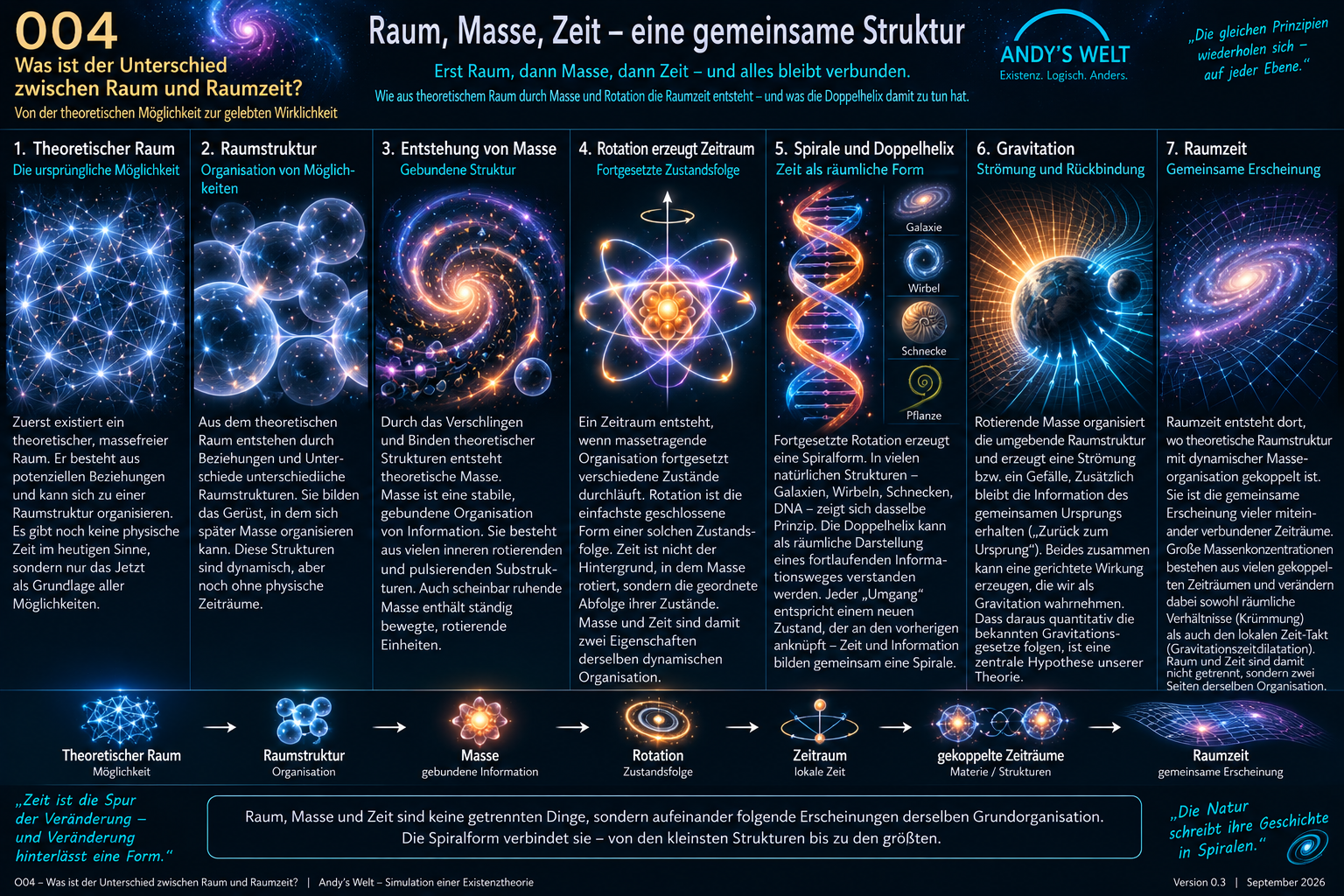 Andy’s Welt O04 V0.3: Theoretischer Raum, Masse, Zeitraum, Spirale und mögliche Gravitation durch Raumströmung und Rückbindung.