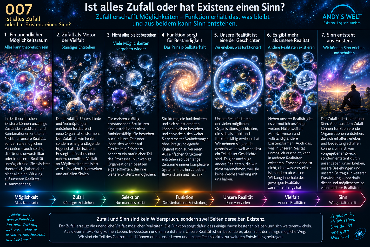 Andy’s Welt O07: Möglichkeit und Zufall erzeugen Vielfalt; Funktion und Stimmigkeit ermöglichen Bestand; Leben und Bewusstsein können Sinn erleben und schaffen.