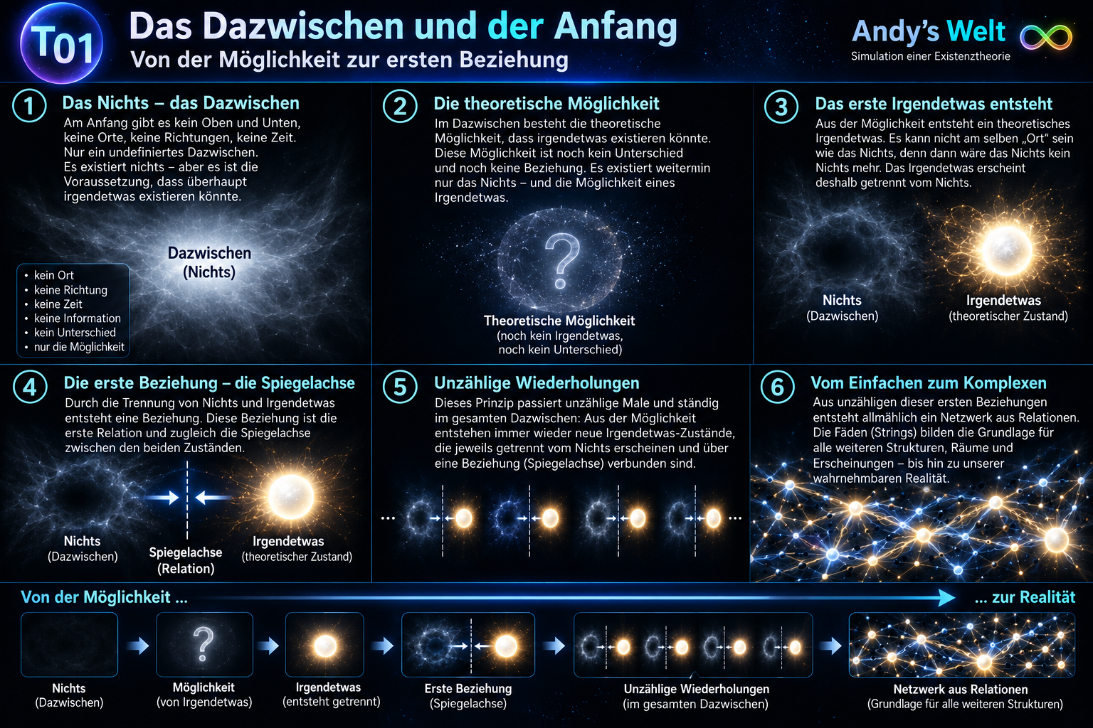 Illustration zu Andy’s Welt: Aus dem theoretischen Nichts beziehungsweise Dazwischen besteht zunächst nur die Möglichkeit eines Irgendetwas. Mit dessen Realisierung entsteht ein Gegenüber und damit die erste Relation beziehungsweise Spiegelachse. Die fortgesetzte Wiederholung führt zu einem Netzwerk aus Relationen.