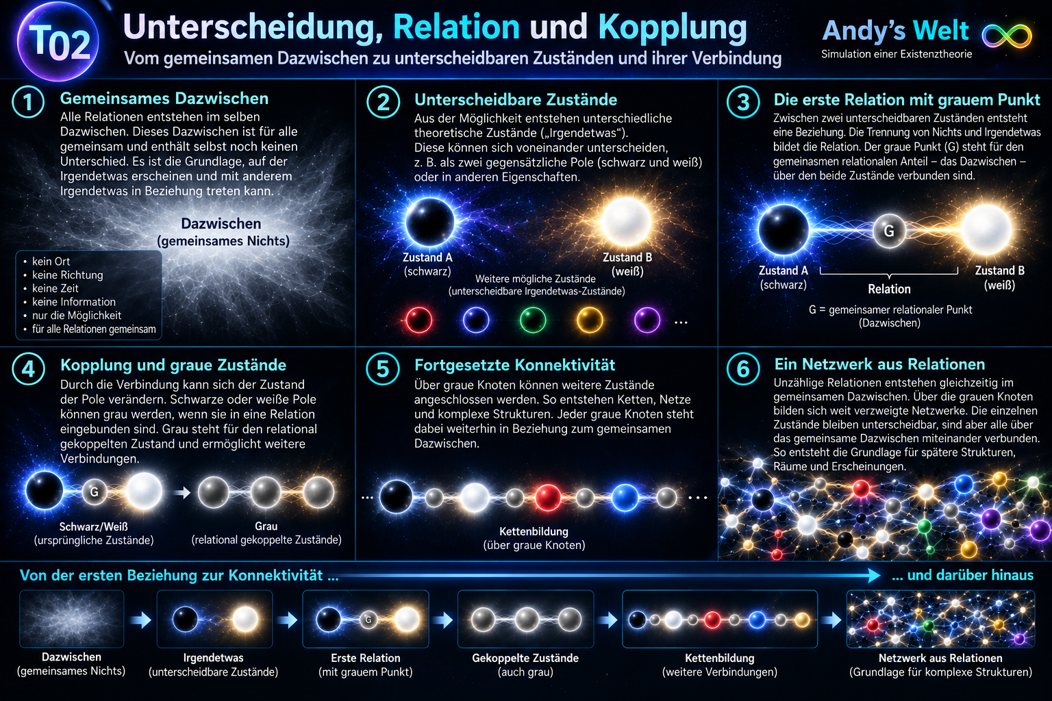 Illustration zu Andy’s Welt: Unterscheidbare schwarze und weiße Modellzustände bilden Relationen. Graue G-Zustände kennzeichnen relationale Kopplung und ermöglichen fortgesetzte Konnektivität bis hin zu Netzwerken.