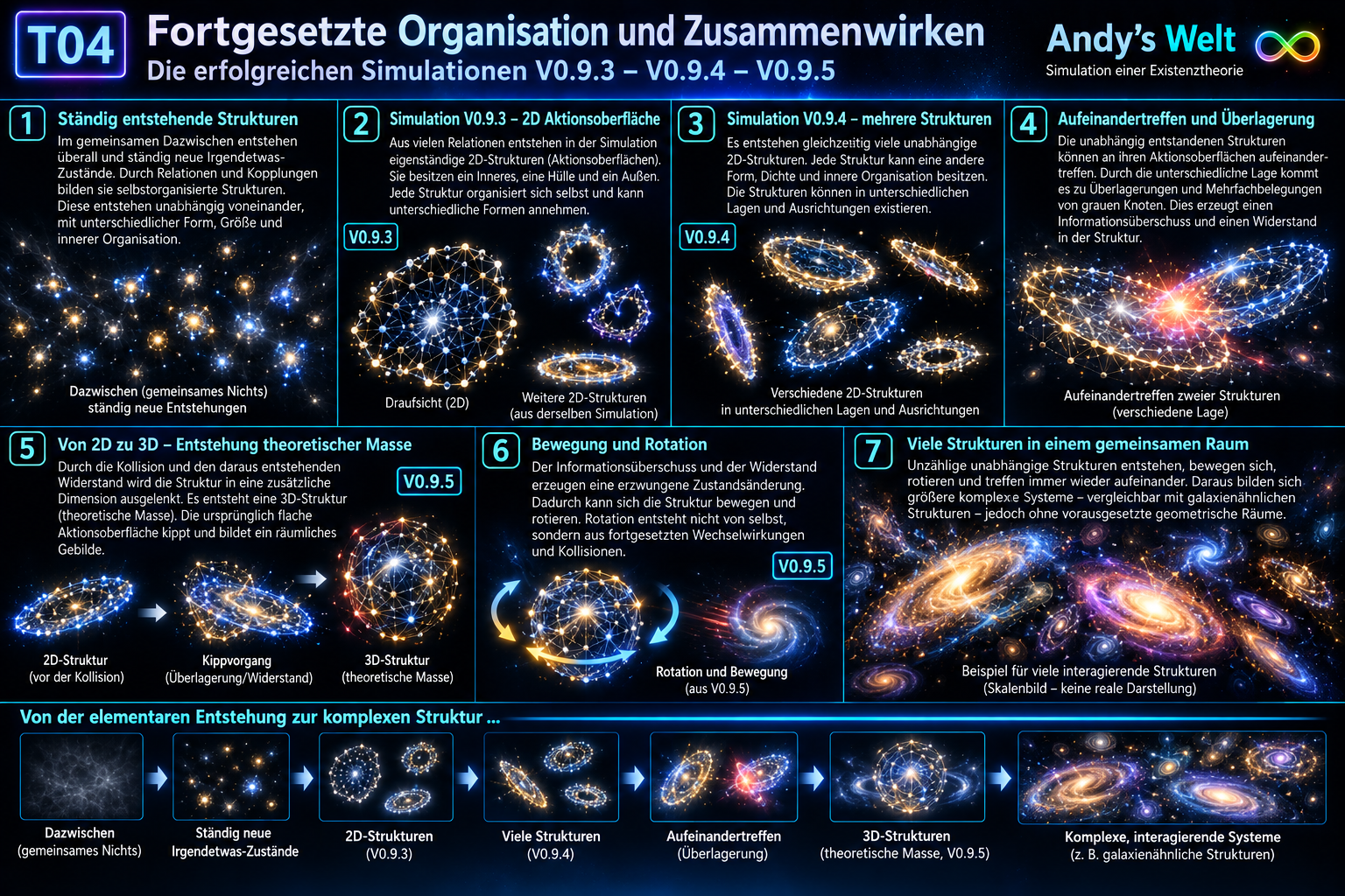 T04: Fortgesetzte Organisation in Andy’s Welt. Die Grafik zeigt die Simulationsstufen V0.9.3 bis V0.9.5 sowie als Vorstellungsbrücke viele unabhängig entstehende und aufeinandertreffende galaxienähnliche Organisationsformen.