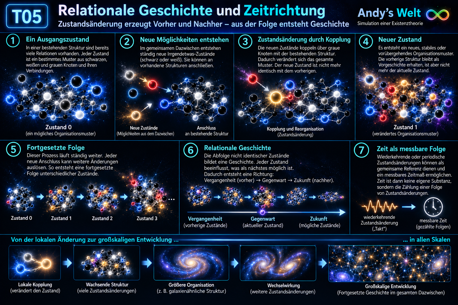 T05: Relationale Geschichte und Zeitrichtung in Andy’s Welt. Fortgesetzte Kopplungen und Zustandsänderungen erzeugen eine Folge nicht identischer Organisationszustände. Wiederkehrende Zustandsänderungen können später als Referenz für messbare Zeit dienen.