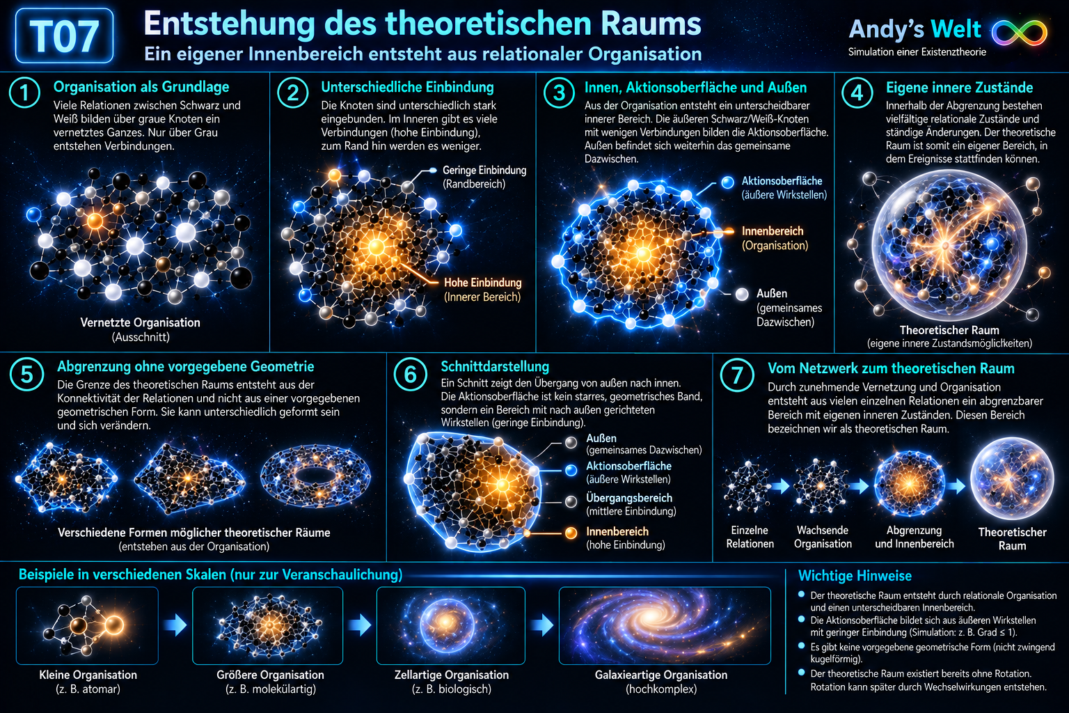 T07: Entstehung des theoretischen Raums in Andy’s Welt. Ein Relationsnetz bildet durch unterschiedliche Einbindung ein Innen, eine Aktionsoberfläche und ein Außen. Eigene relationale Zustandsmöglichkeiten innerhalb der Abgrenzung definieren den theoretischen Raum.