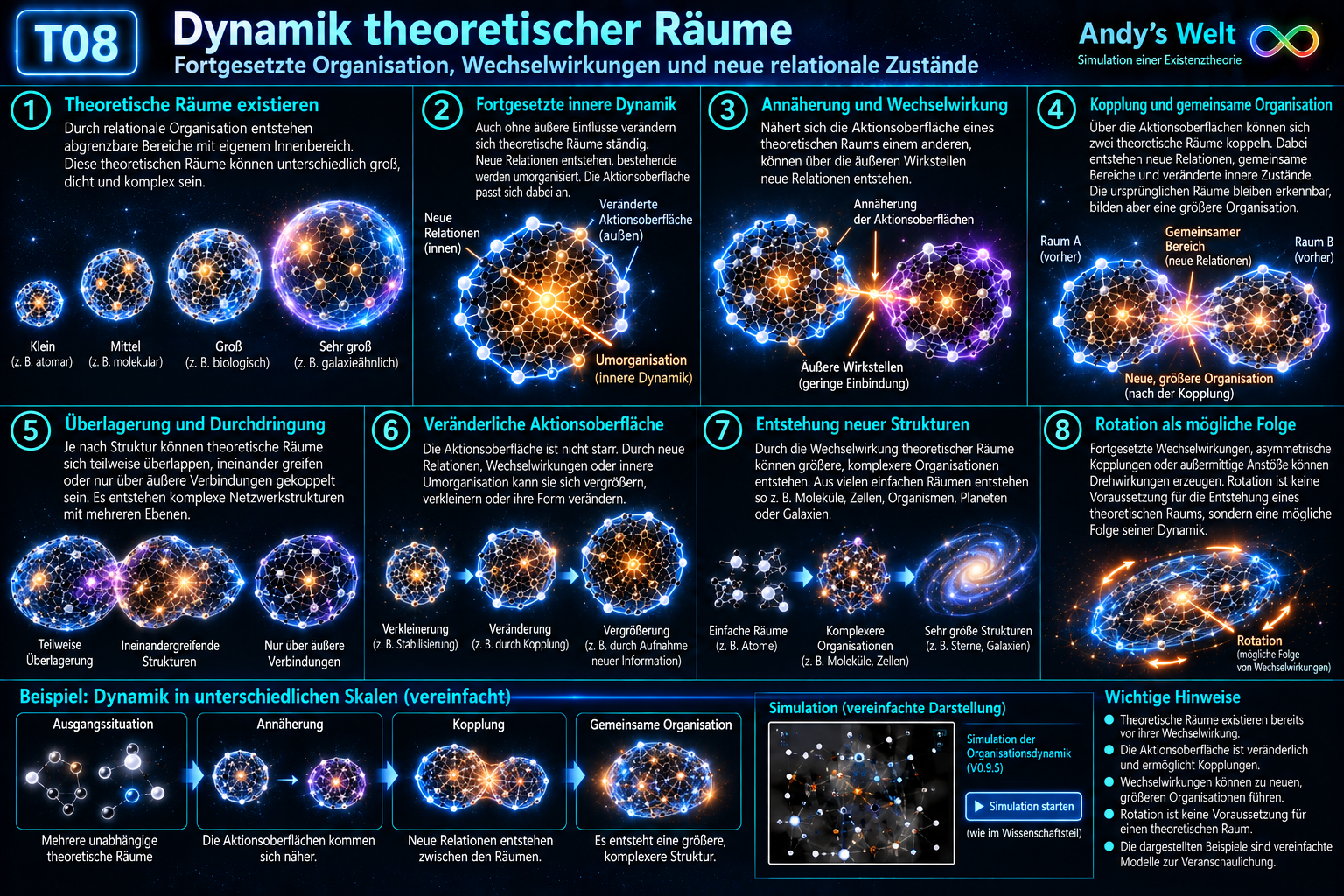 T08: Dynamik theoretischer Räume. Bereits entstandene relationale Räume verändern ihre innere Organisation und Aktionsoberfläche, begegnen anderen Räumen und können über neue Relationen größere gemeinsame Organisationen bilden.