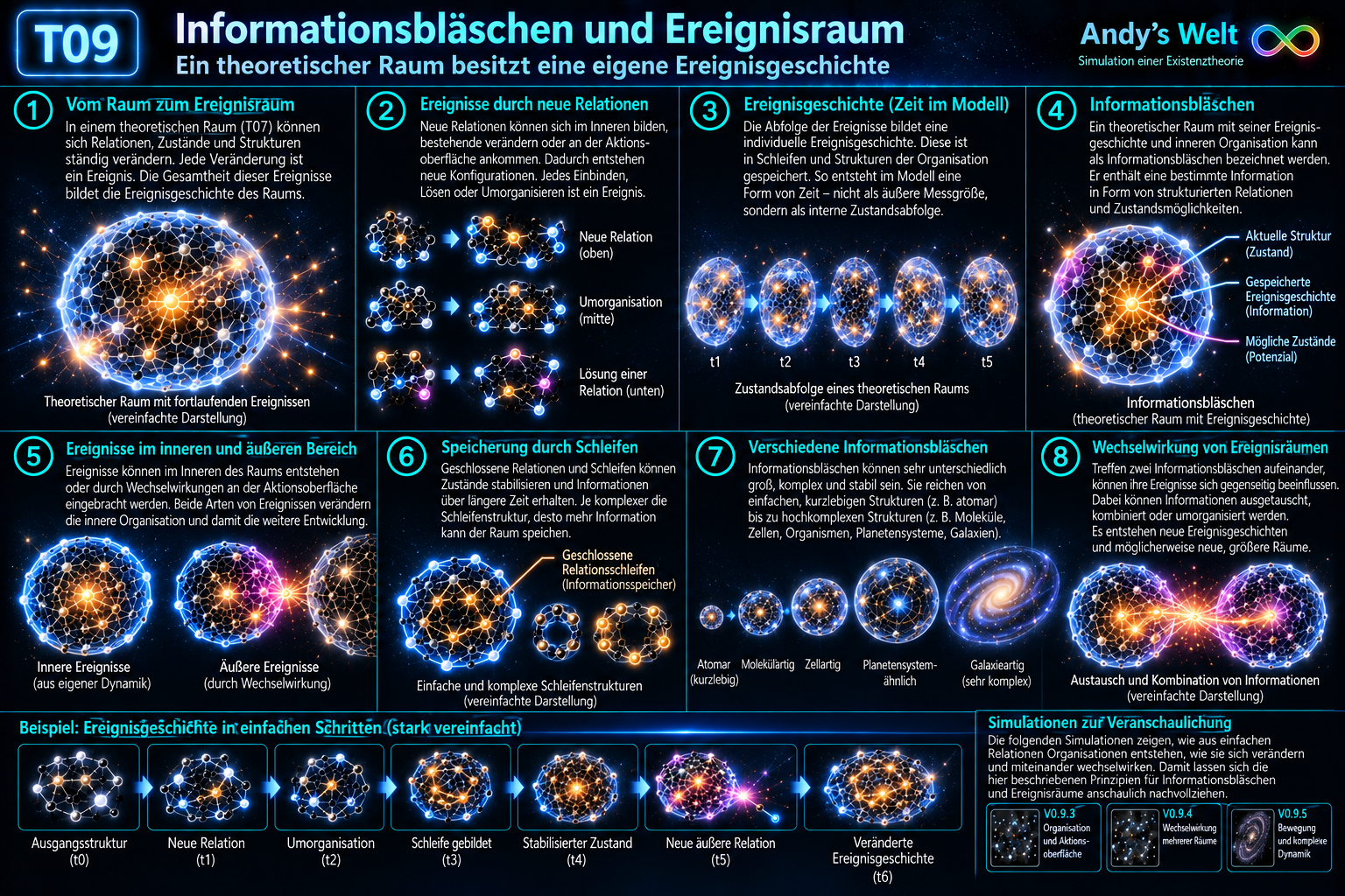 T09: Informationsbläschen und Ereignisraum in Andy’s Welt. Ein theoretischer Raum durchläuft relationale Zustandsänderungen und besitzt dadurch eine eigene Ereignisgeschichte. Geschlossene Relationswege können Zustände stabilisieren und Information erhalten; Wechselwirkungen verändern die Geschichte weiter.