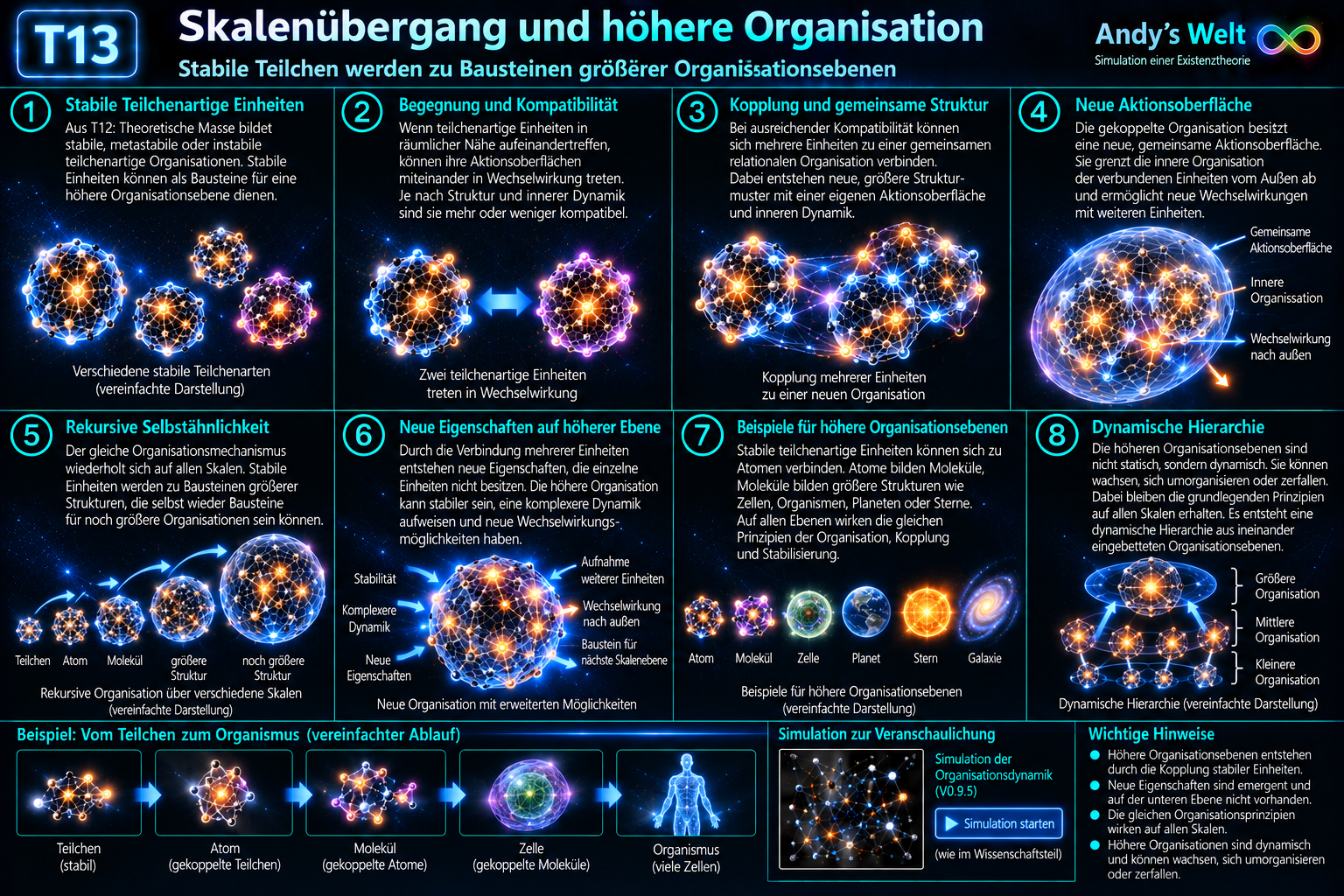 T13: Skalenübergang und höhere Organisation. Stabile teilchenartige Organisationen koppeln über kompatible Aktionsoberflächen und bilden eine neue gemeinsame Organisation mit eigener Aktionsoberfläche. Dasselbe Organisationsprinzip kann sich rekursiv über verschiedene Skalen wiederholen.