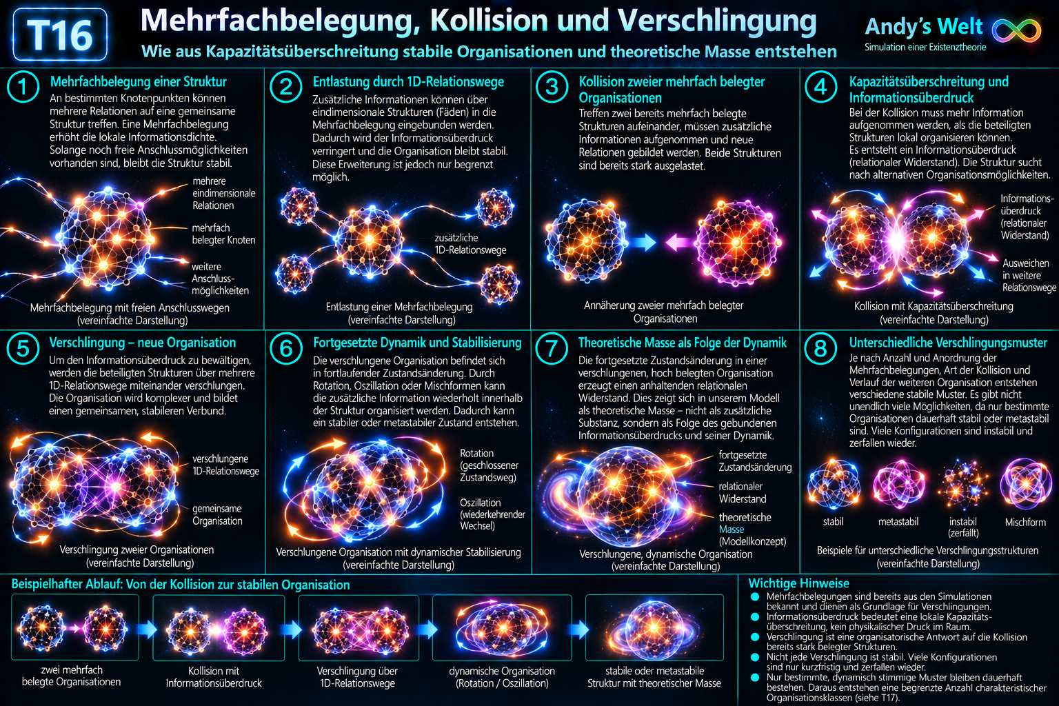 T16: Mehrfachbelegung, Kollision und Verschlingung. Zwei bereits hoch belegte relationale Organisationen kollidieren. Kapazitätsüberschreitung erzeugt Informationsüberdruck und erzwingt zusätzliche verschlungene Relationswege.