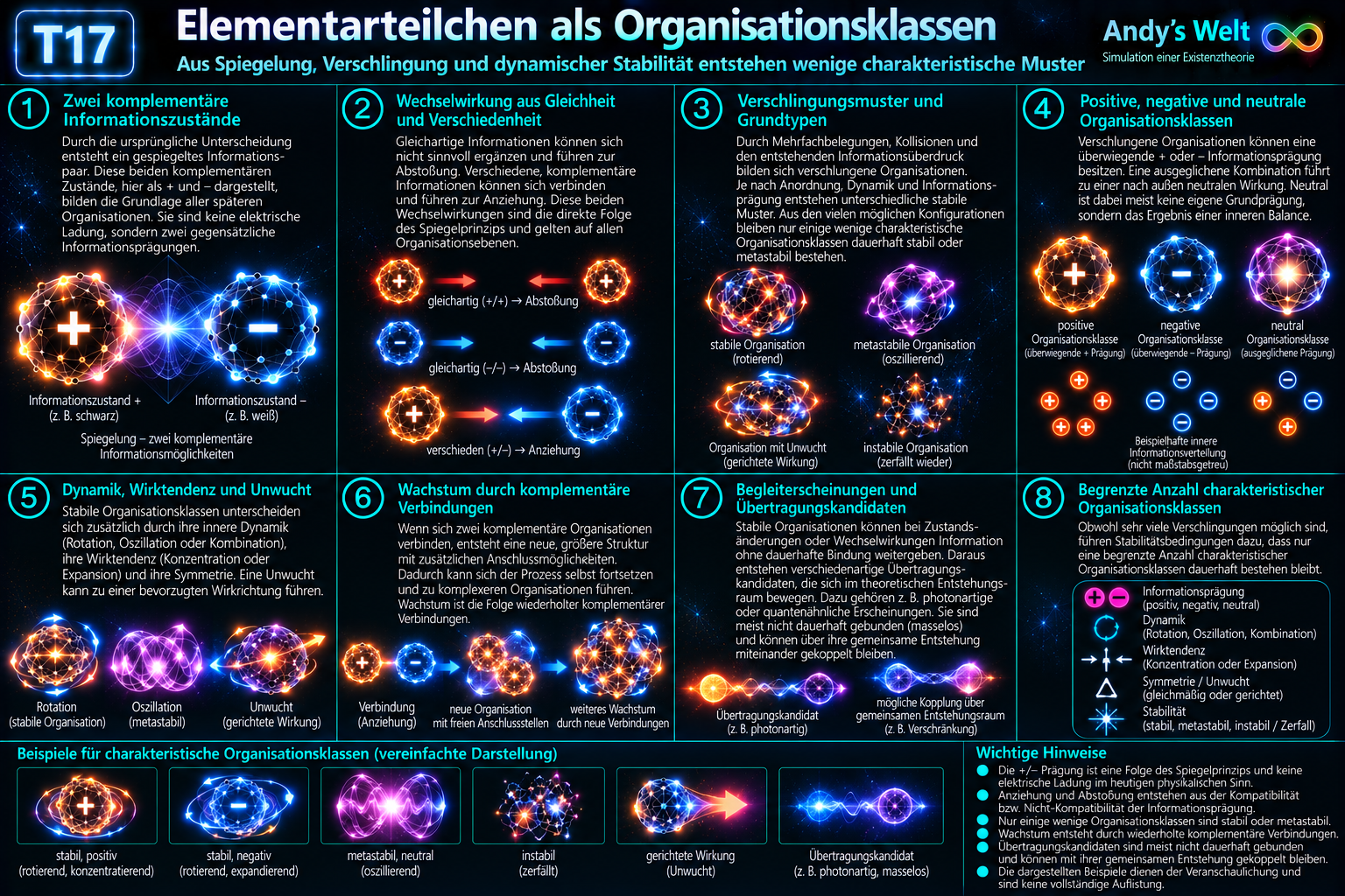 T17: Spiegelinformation, begrenzte Teilchenklassen und Wachstum. Komplementäre positive und negative Informationsprägungen können sich verbinden; gleichartige Prägungen zeigen eine Abstoßungstendenz. Aus stabilen Kombinationen entstehen begrenzte Organisationsklassen und bei verbleibenden Anschlussmöglichkeiten ein Wachstumskandidat.