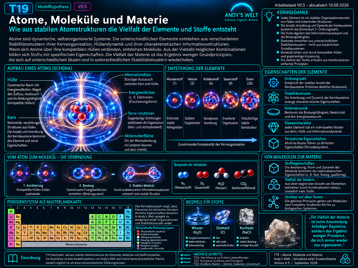 Illustration zu Andy’s Welt: Atome bilden durch physikalisch bekannte Bindungen Moleküle und größere Stoffstrukturen. Die Grafik vergleicht chemische Bindungen, Emergenz und Stoffeigenschaften mit den abstrakten Organisationsbegriffen Anschlussfähigkeit, gemeinsame Zustandsbereiche und Stimmigkeit.