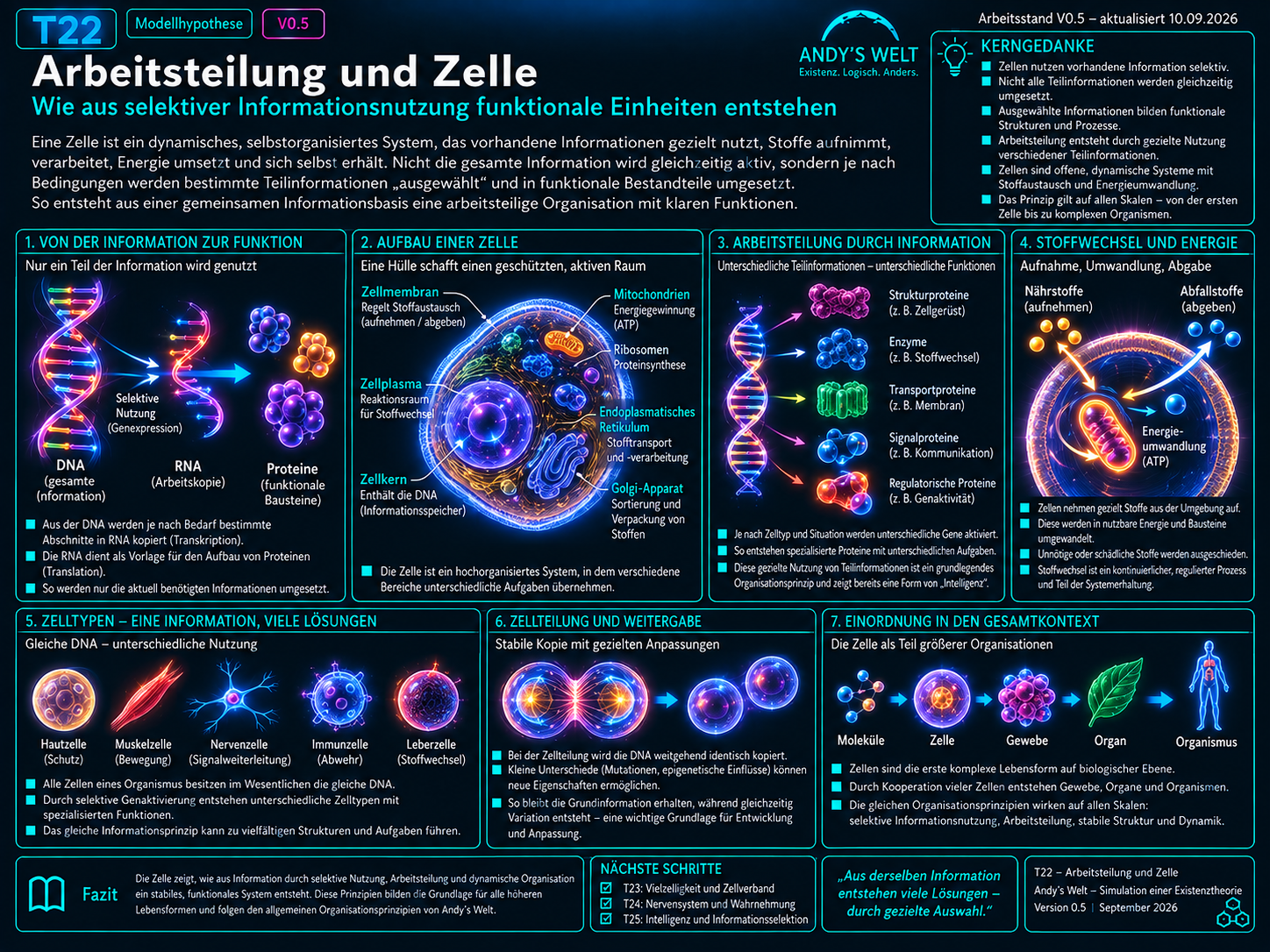 Illustration zu Andy’s Welt T22: Von vererbbarer Information zur arbeitsteiligen Zelle mit DNA und RNA, Proteinen, Stoffwechsel, Membran, Transport, Regulation und gekoppelten Informationskreisläufen.
