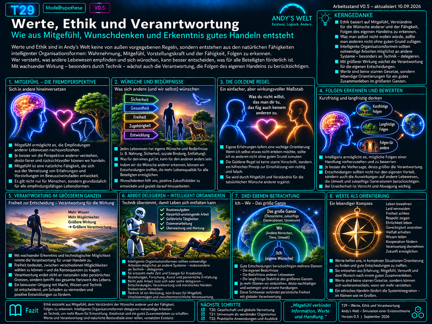 Illustration zu Andy’s Welt T29: Werte entstehen aus Bewertung und Erfahrung; Ethik erweitert Informationsselektion um Folgen für andere Systeme, Zeiträume und Organisationsebenen; Verantwortung wächst mit Wissen, Wahlmöglichkeit und Wirkungsreichweite.