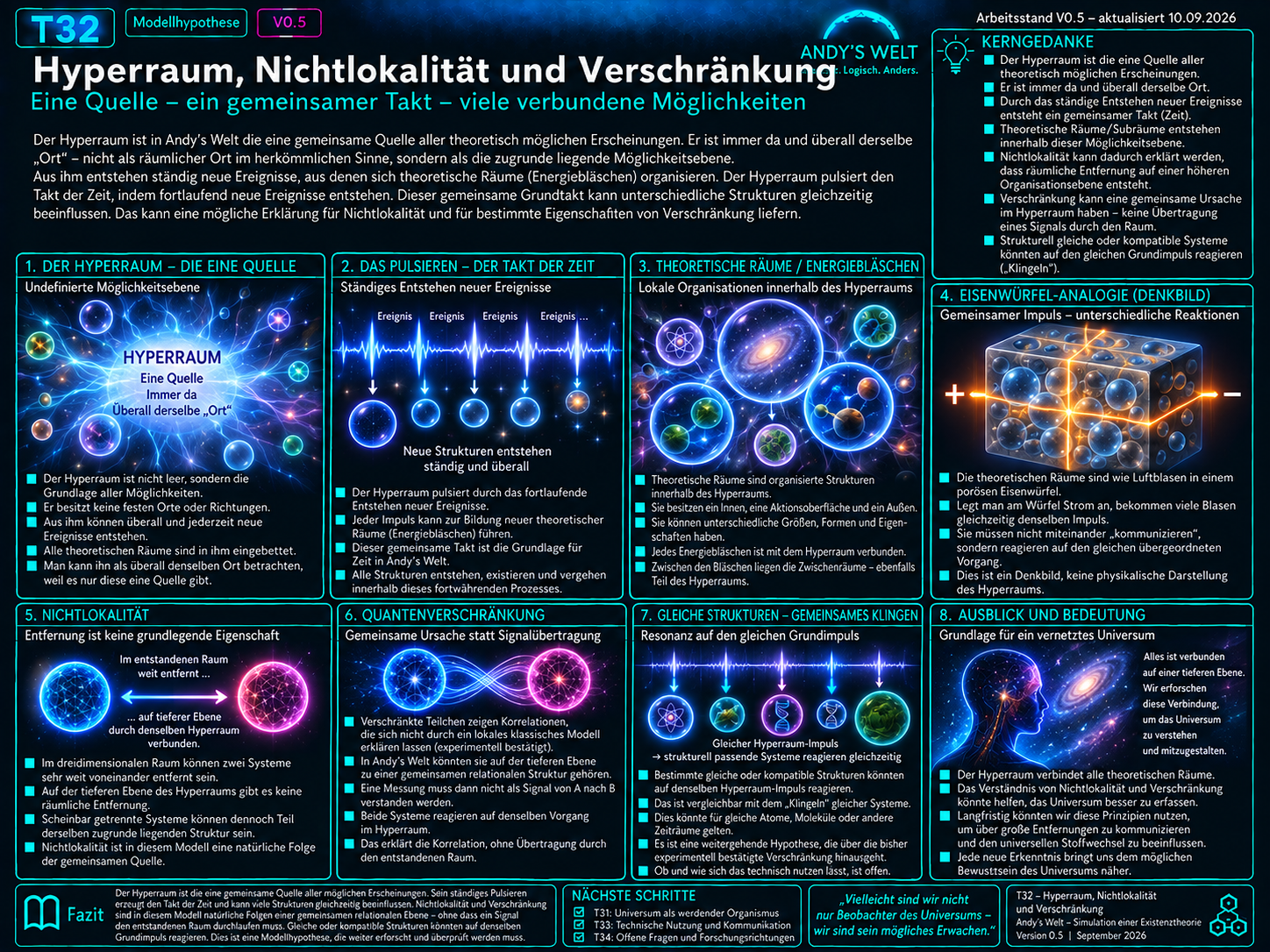 Andy’s Welt T32: Hyperraum als gemeinsame nichtmetrische Beziehungsebene zwischen Subräumen; Vergleich mit Nichtlokalität und Quantenverschränkung sowie klare Trennung von bestätigter Physik, Modellhypothese und offenen Grundfragen.