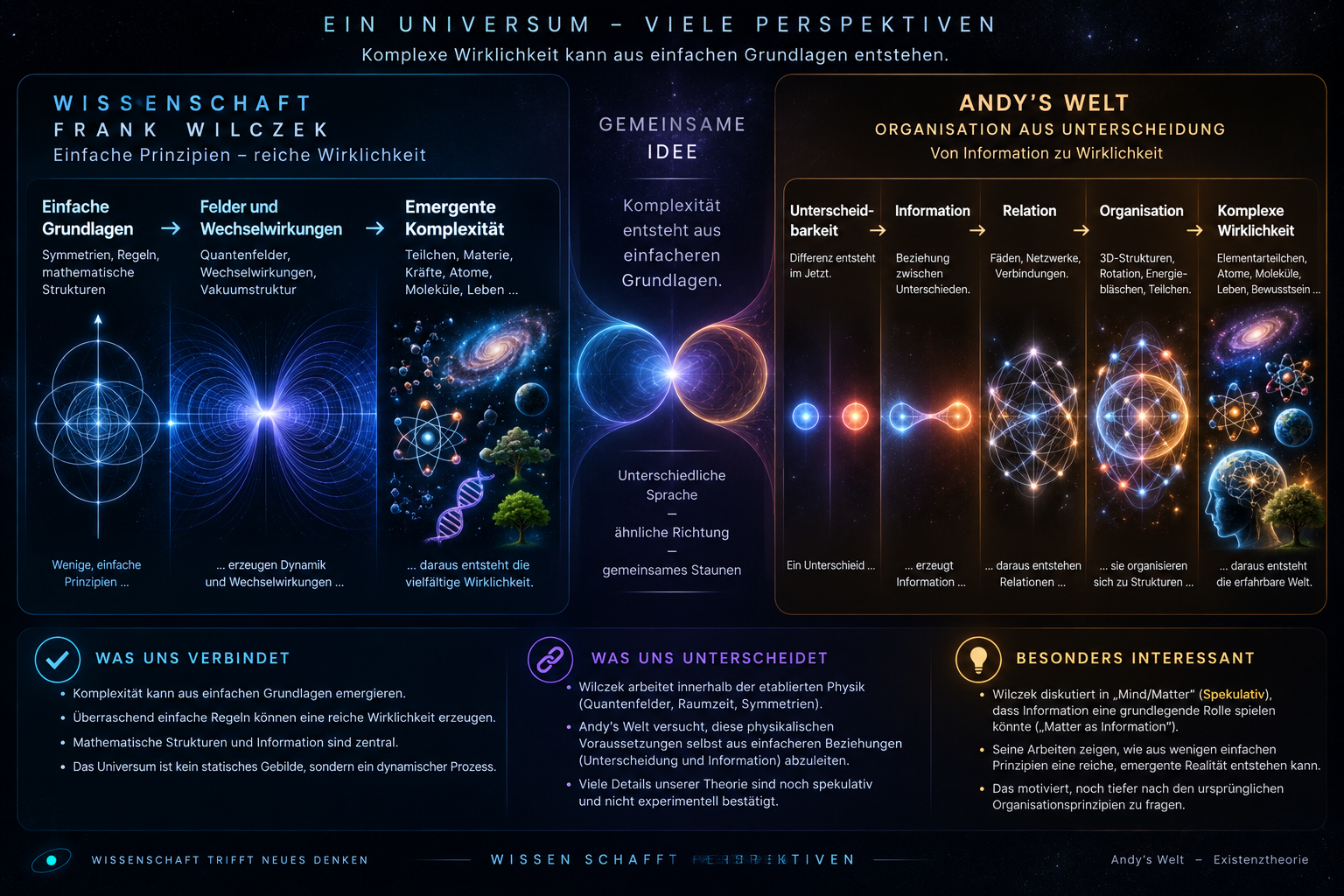Vergleich zwischen Frank Wilczeks wissenschaftlicher Perspektive auf einfache Grundlagen und emergente Komplexität und Andy’s Welt mit Unterscheidbarkeit, Information, Relation und Organisation