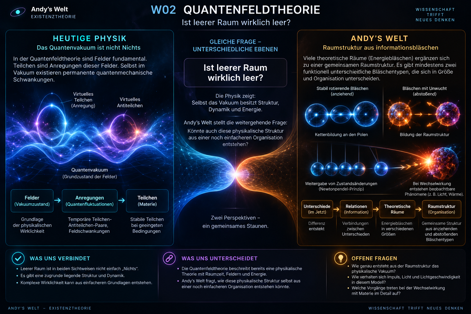 Vergleich zwischen Quantenfeldtheorie und der theoretischen Raumstruktur von Andy’s Welt