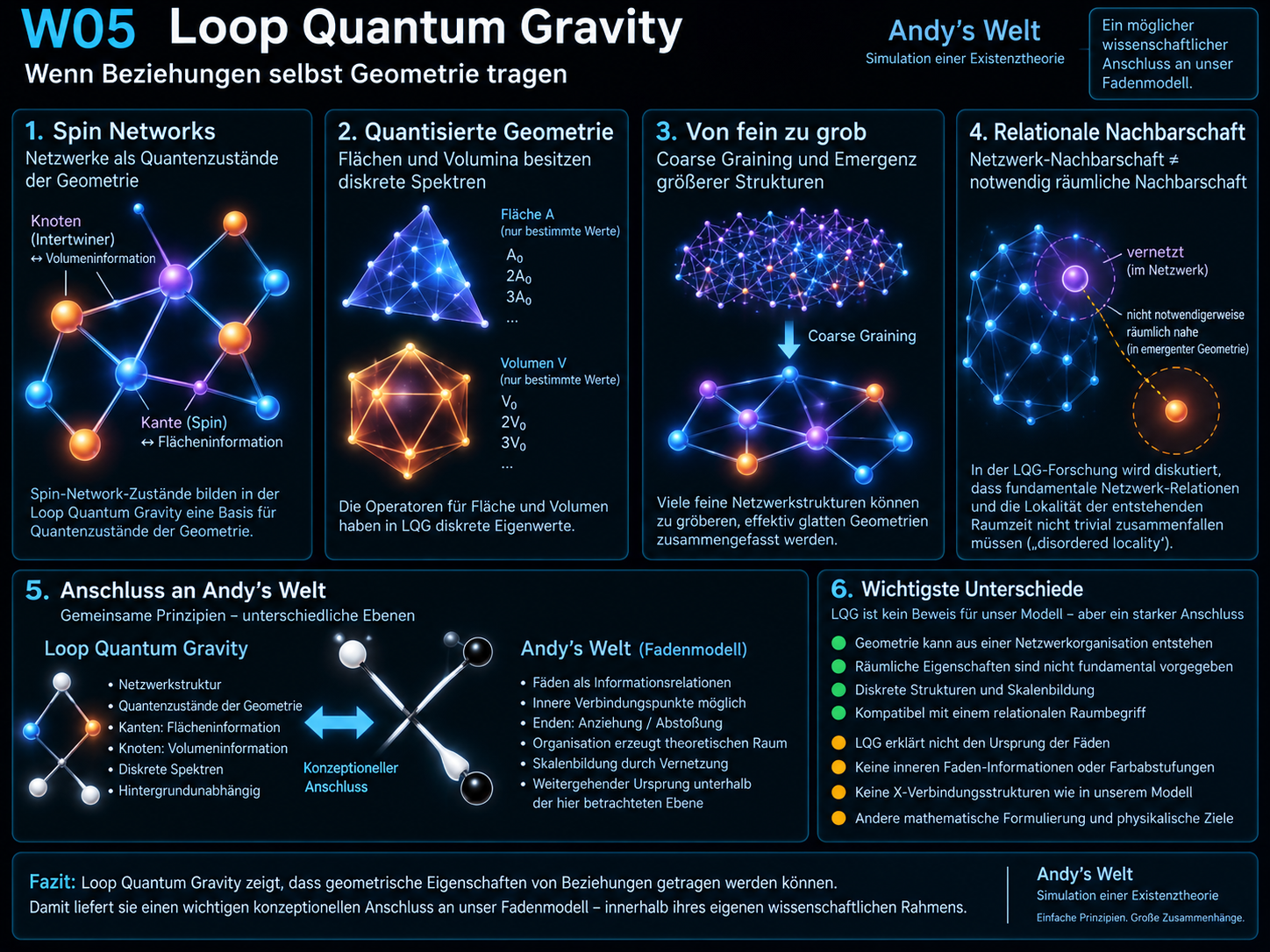 Vergleich von Loop Quantum Gravity und Andy’s Welt: Spin Network mit Knoten und Kanten gegenüber Fäden mit inneren Informationspunkten, Knotenbildung und emergenter theoretischer Raumstruktur