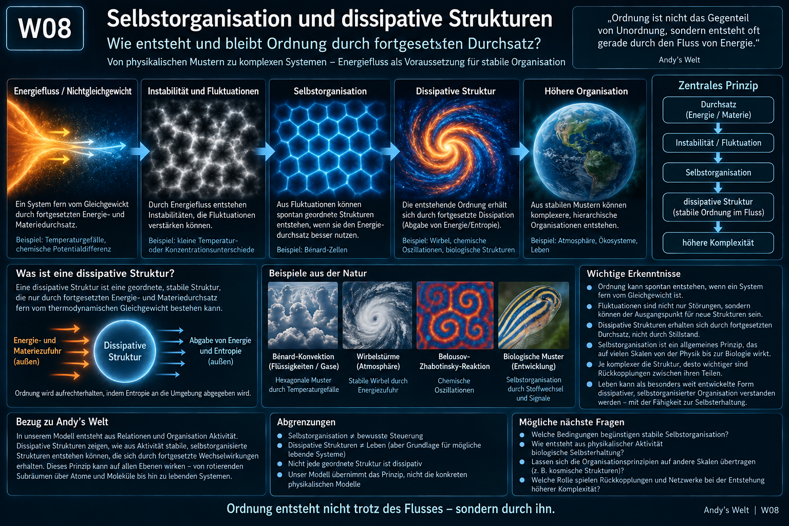 Wissenschaftliche Darstellung von Selbstorganisation und dissipativen Strukturen: Temperaturgefälle, Bénard-Zellen, chemisch angetriebene Selbstassemblierung und dynamische Organisation
