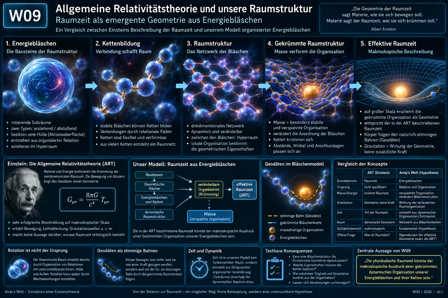 Allgemeine Relativität rückwärts gedacht: gekrümmte Raumzeit, Geodäten und hypothetische gekrümmte Ketten aus Energiebläschen als mögliche tiefere Raumstruktur